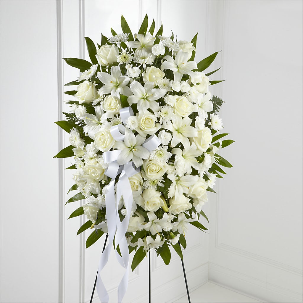 Exquisite Tribute Standing Spray-White Ribbon – Garden Of Eden Florist Inc, Coplay PA